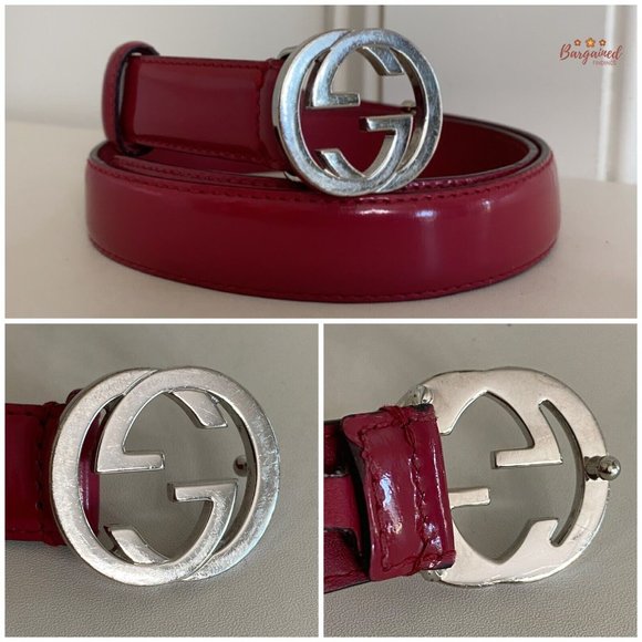Authentic Gucci Red Coated Calfskin Leather Silver Interlocking G Buckle Belt 32 main image 11